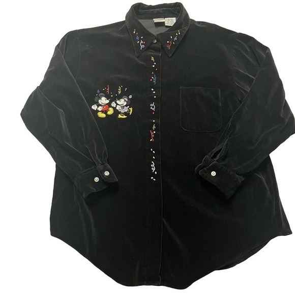 Disney Tops - Disney Catalog Womens Black Velvet Embroidered Mickey & Minnie Button Shirt Sz L